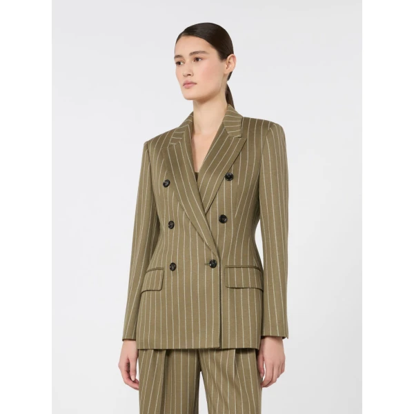 Max Mara Balta Double-Breasted Pinstripe Jersey Blazer in Khaki | Blazers | Luxury Shoes 