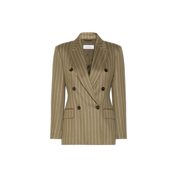 Max Mara Balta Double-Breasted Pinstripe Jersey Blazer in Khaki | Blazers | Luxury Shoes 