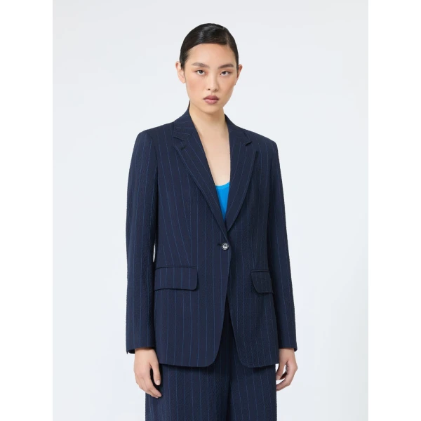 Max Mara Baobab Pinstripe Wool Seersucker Blazer in Ultramarine | Blazers | Luxury Shoes 
