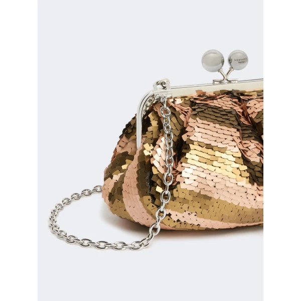 Max Mara Barca Small Pasticcino Bag with Sequin Stripes in Beige | Clutch Bags | Luxury Shoes 