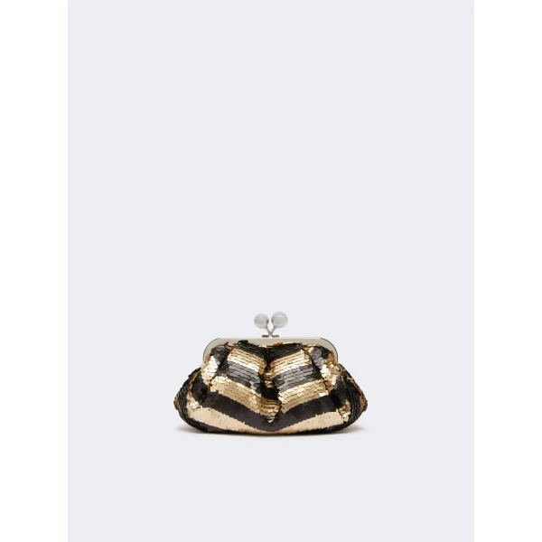 Max Mara Barca Small Pasticcino Bag with Sequin Stripes in Midnight Blue | Clutch Bags | Luxury Shoes 