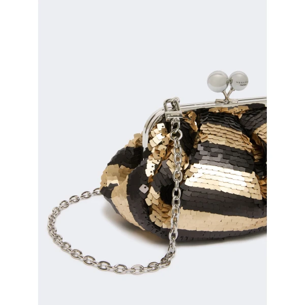 Max Mara Barca Small Pasticcino Bag with Sequin Stripes in Midnight Blue | Clutch Bags | Luxury Shoes 