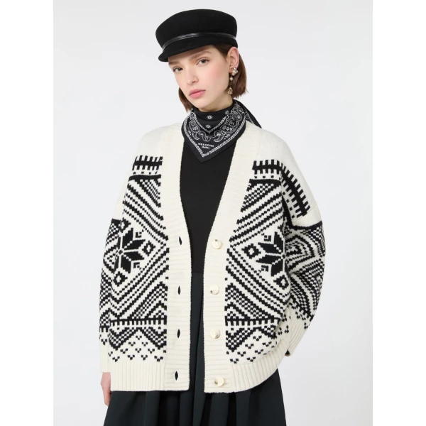 Max Mara Belgio Jacquard Wool Cardigan in Black | Cardigan | Luxury Shoes 