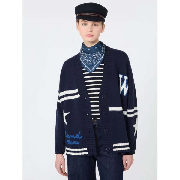Max Mara Belgio Jacquard Wool Cardigan in Ultramarine | Cardigan | Luxury Shoes 