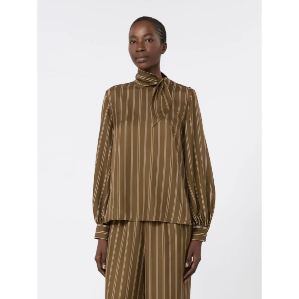 Max Mara Bingo Stripe-Print Silk Blouse in Khaki | Blouse | Luxury Shoes 