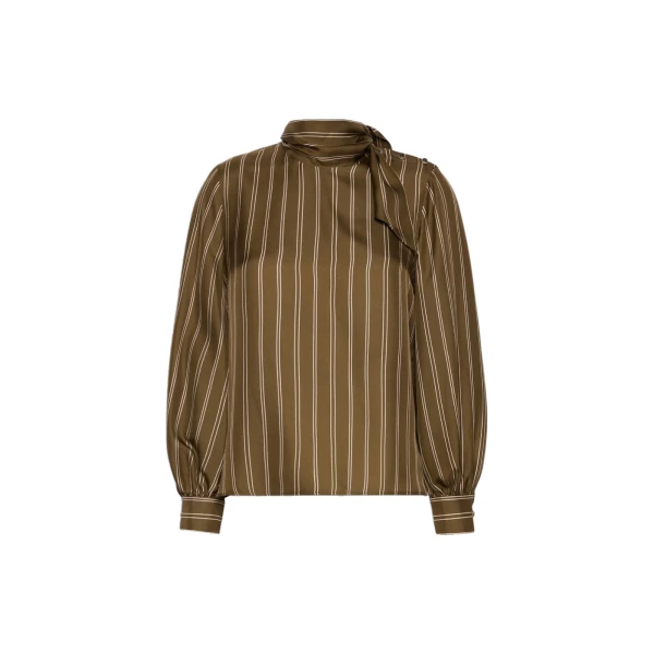 Bingo Stripe-Print Silk Blouse in Khaki