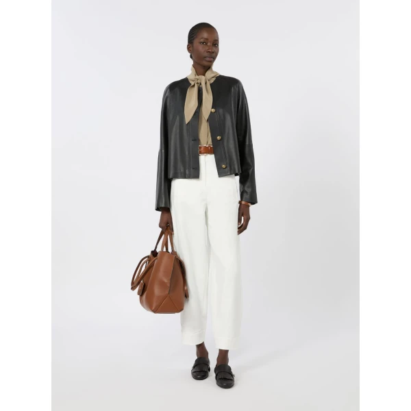 Max Mara Bouquet Nappa Leather Crew-Neck Jacket in Black | Leather Jackets | Luxury Shoes 