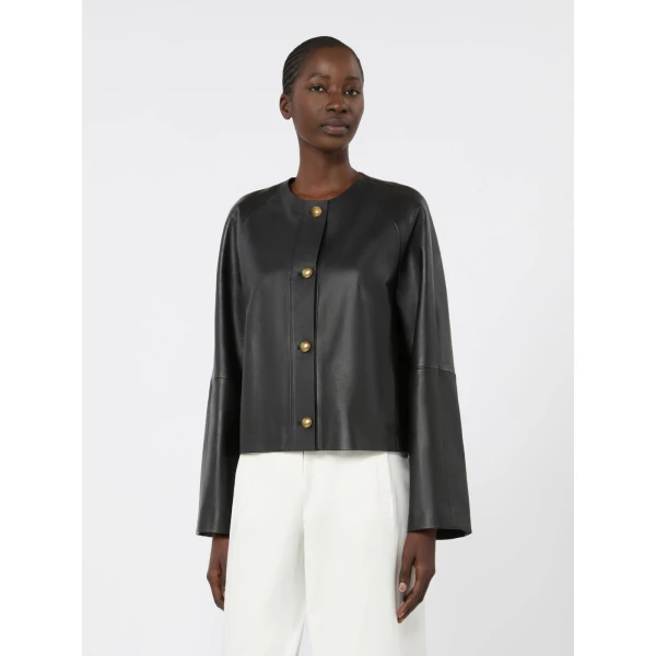 Max Mara Bouquet Nappa Leather Crew-Neck Jacket in Black | Leather Jackets | Luxury Shoes 