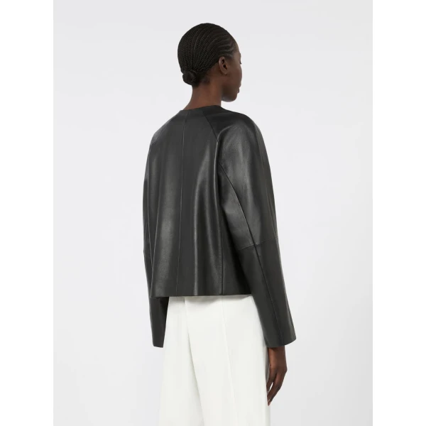 Max Mara Bouquet Nappa Leather Crew-Neck Jacket in Black | Leather Jackets | Luxury Shoes 