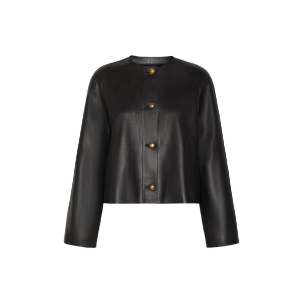 Max Mara Bouquet Nappa Leather Crew-Neck Jacket in Black | Leather Jackets | Luxury Shoes 