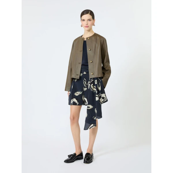 Max Mara Bouquet Nappa Leather Crew-Neck Jacket in Khaki | Leather Jackets | Luxury Shoes 