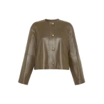 Max Mara Bouquet Nappa Leather Crew-Neck Jacket in Khaki | Leather Jackets | Luxury Shoes 