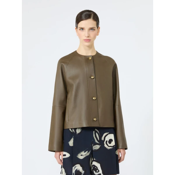 Max Mara Bouquet Nappa Leather Crew-Neck Jacket in Khaki | Leather Jackets | Luxury Shoes 