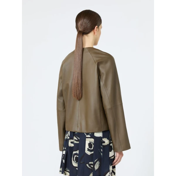 Max Mara Bouquet Nappa Leather Crew-Neck Jacket in Khaki | Leather Jackets | Luxury Shoes 