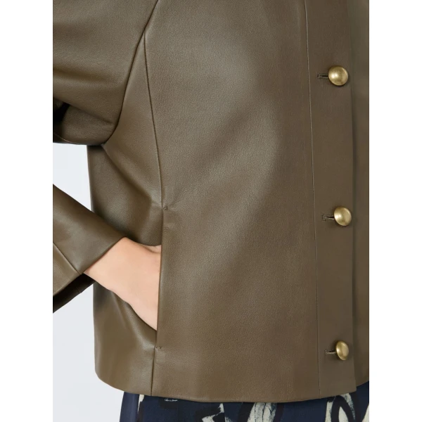 Max Mara Bouquet Nappa Leather Crew-Neck Jacket in Khaki | Leather Jackets | Luxury Shoes 