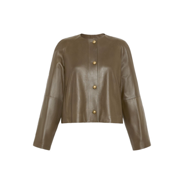Max Mara Bouquet Nappa Leather Crew-Neck Jacket in Khaki | Leather Jackets | Luxury Shoes 