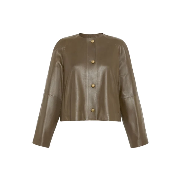 Bouquet Nappa Leather Crew-Neck Jacket in Khaki