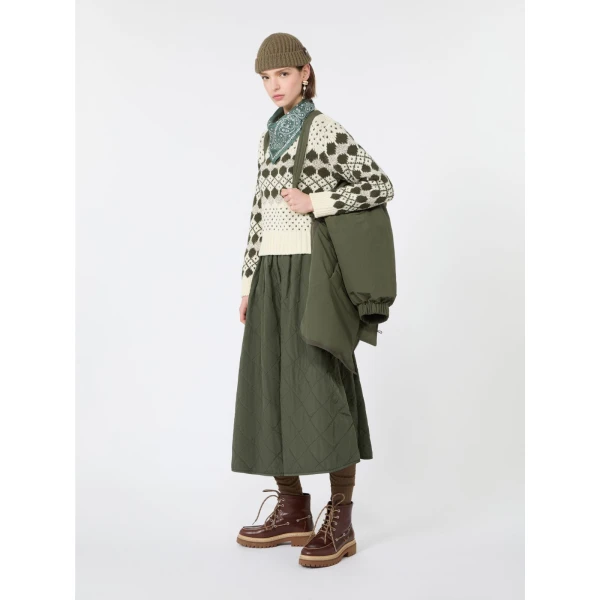 Max Mara Briose Diamond-Quilted Flared Skirt in Khaki | Midi Skirts | Luxury Shoes 