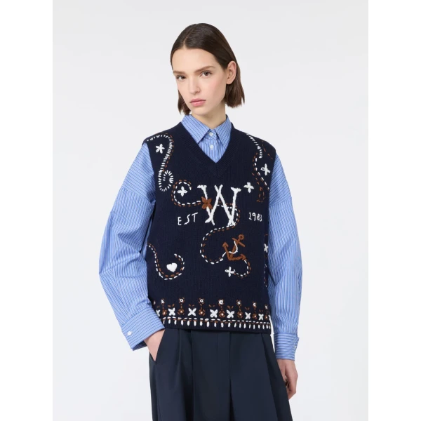 Max Mara Cacao Embroidered Wool Gilet in Ultramarine | Sweaters | Luxury Shoes 