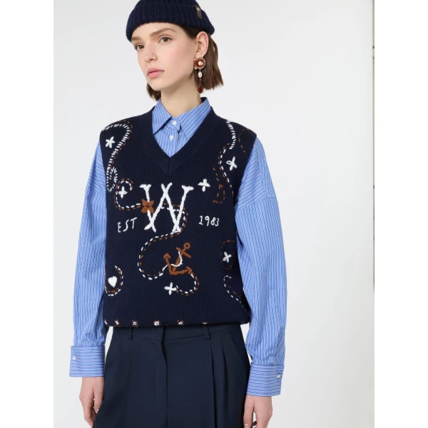 Max Mara Cacao Embroidered Wool Gilet in Ultramarine | Sweaters | Luxury Shoes 