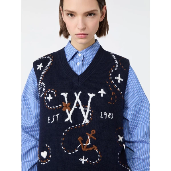 Max Mara Cacao Embroidered Wool Gilet in Ultramarine | Sweaters | Luxury Shoes 