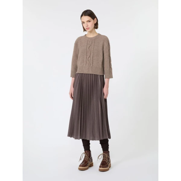Max Mara Calco Jersey Dress with Wool Cable Jumper in Hazelnut Brown | Midi Dresses | Luxury Shoes 