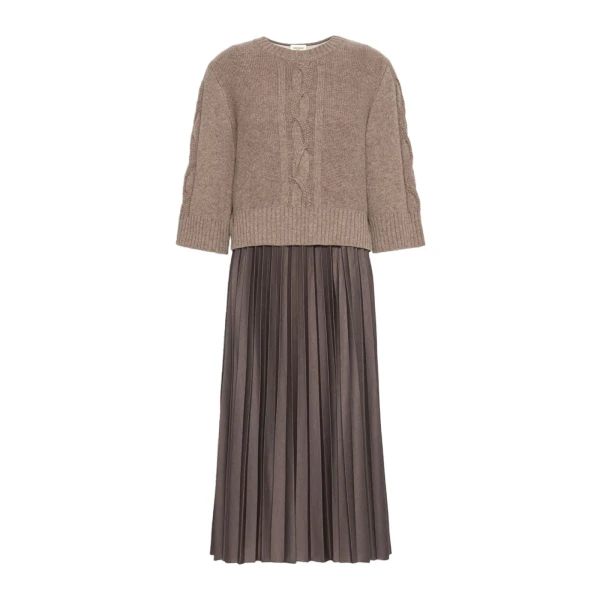 Max Mara Calco Jersey Dress with Wool Cable Jumper in Hazelnut Brown | Midi Dresses | Luxury Shoes 
