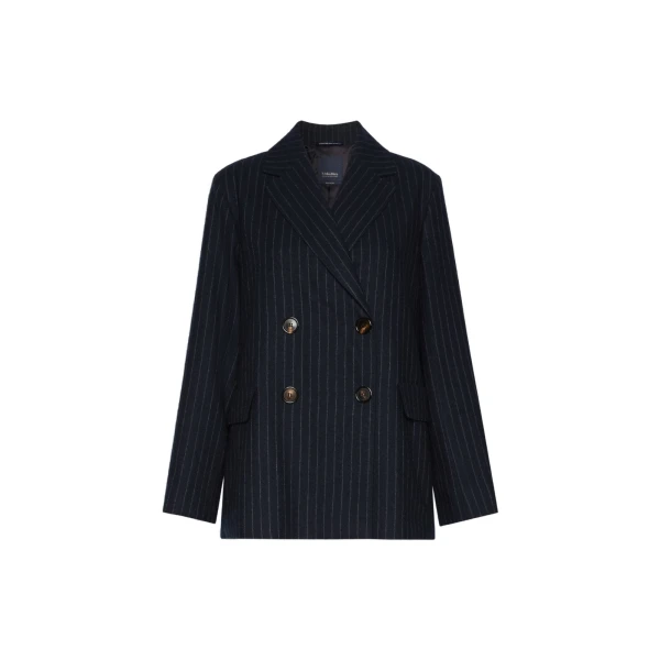 Max Mara Calibri Double-Breasted Pinstripe Wool Jacket in Midnight Blue | Blazers | Luxury Shoes 