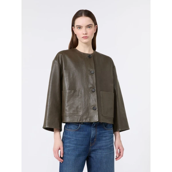 Max Mara Caliga Boxy Nappa Leather Jacket in Khaki | Leather Jackets | Luxury Shoes 