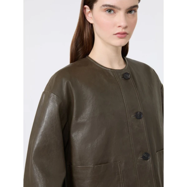 Max Mara Caliga Boxy Nappa Leather Jacket in Khaki | Leather Jackets | Luxury Shoes 