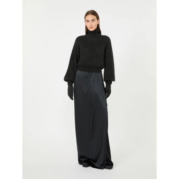 Max Mara Camera Long Silk Satin Skirt in Dark Grey | Maxi Skirts | Luxury Shoes 