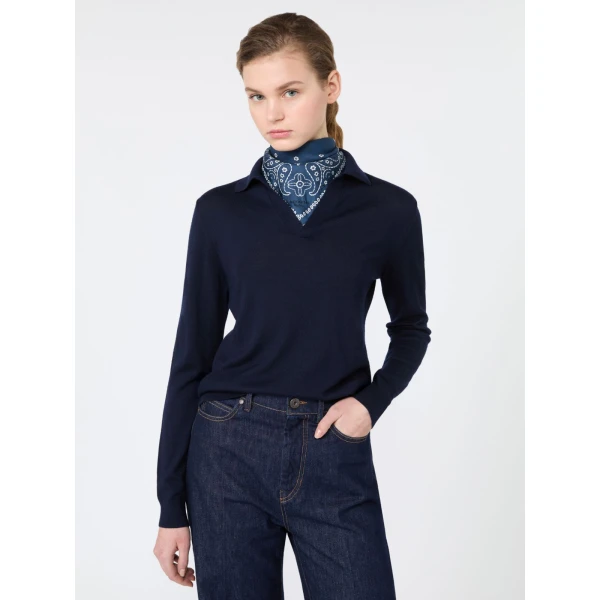 Max Mara Cappa Wool and Cashmere Polo Jumper in Navy | Sweaters | Luxury Shoes 