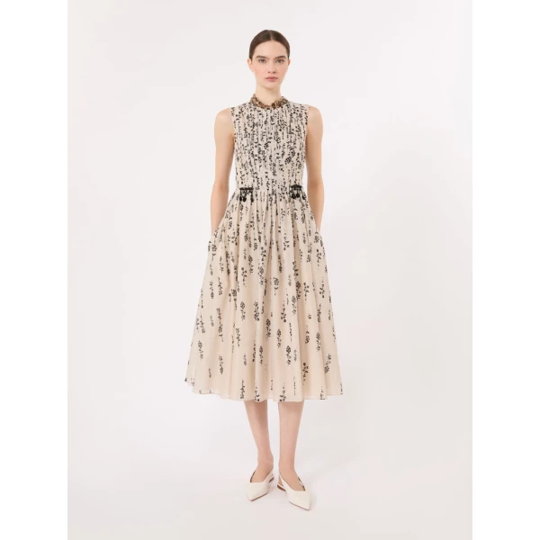 Max Mara Capsula Printed Cotton Voile Dress in Ecru | Midi Dresses | Luxury Shoes 
