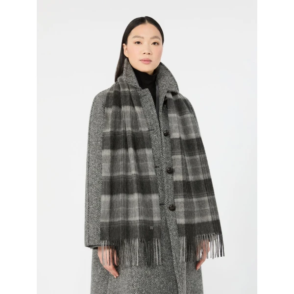 Max Mara Cashmere Tartan Jacquard Scarf in Dark Grey | Scarves | Luxury Shoes 