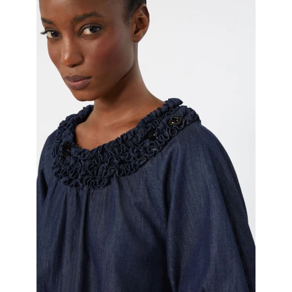Max Mara Catia Cotton Denim Blouse in Midnight Blue | Blouse | Luxury Shoes 
