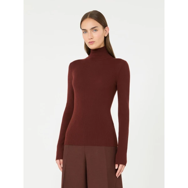 Max Mara Cavallo Wool Yarn Polo-Neck Sweater in Brown Bordeaux | Turtlenecks | Luxury Shoes 