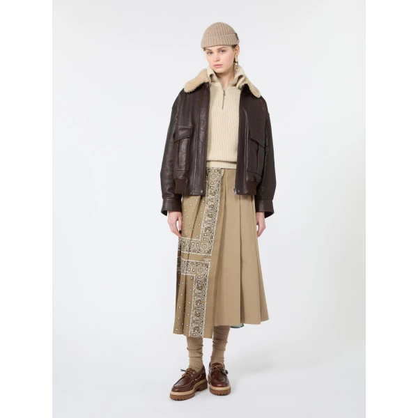Max Mara Ceci Printed Twill and Cotton Drill Skirt in Tobacco | Pleated Skirts | Luxury Shoes 