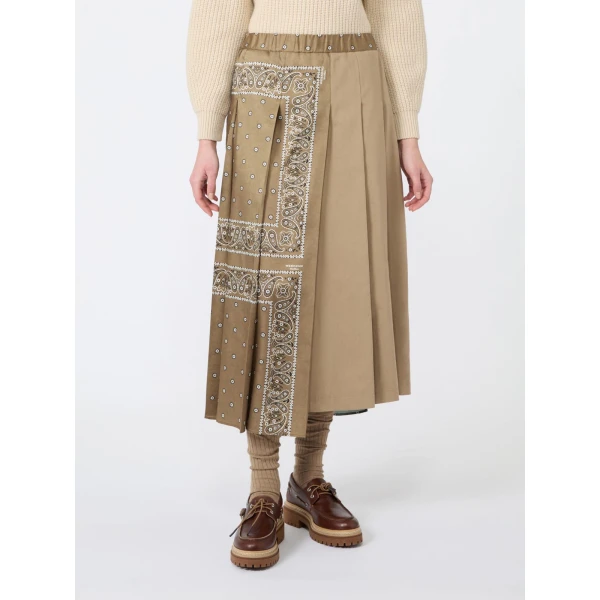 Max Mara Ceci Printed Twill and Cotton Drill Skirt in Tobacco | Pleated Skirts | Luxury Shoes 