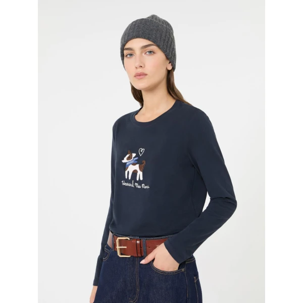 Max Mara Cestino Long Sleeved Jersey T-Shirt in Navy | T-shirts | Luxury Shoes 