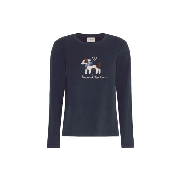 Max Mara Cestino Long Sleeved Jersey T-Shirt in Navy | T-shirts | Luxury Shoes 