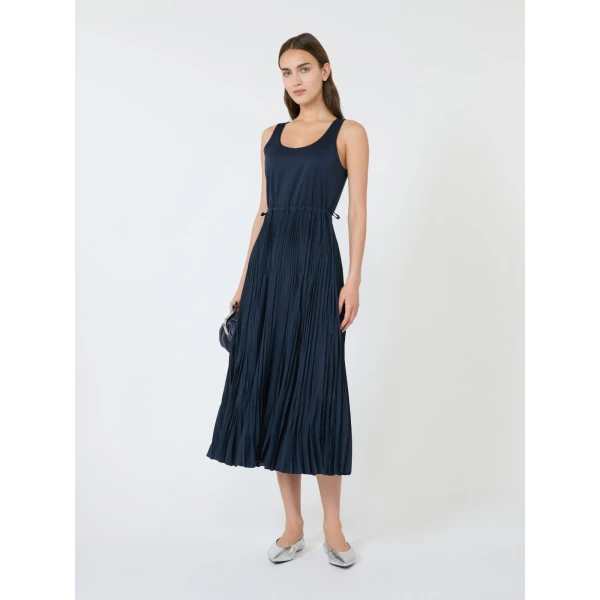 Max Mara Classi Jersey Dress with Plisse Skirt in Navy | Maxi Dresses | Luxury Shoes 