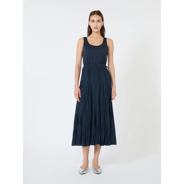 Max Mara Classi Jersey Dress with Plisse Skirt in Navy | Maxi Dresses | Luxury Shoes 