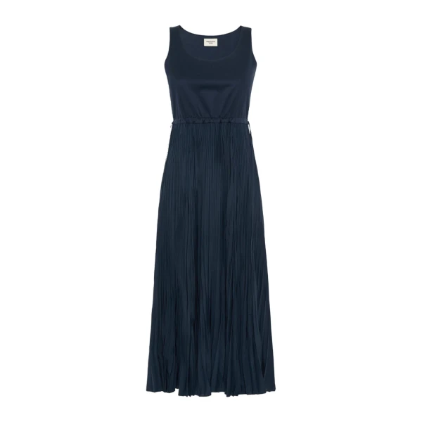 Max Mara Classi Jersey Dress with Plisse Skirt in Navy | Maxi Dresses | Luxury Shoes 