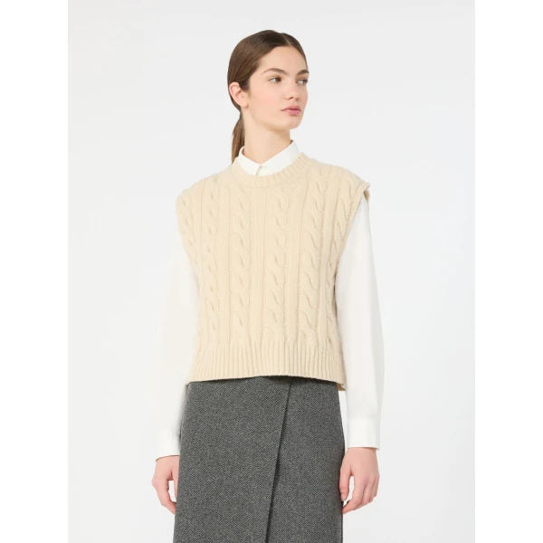 Max Mara Clown Cable Knit Wool Gilet in Ice Grey | Sweaters | Luxury Shoes 