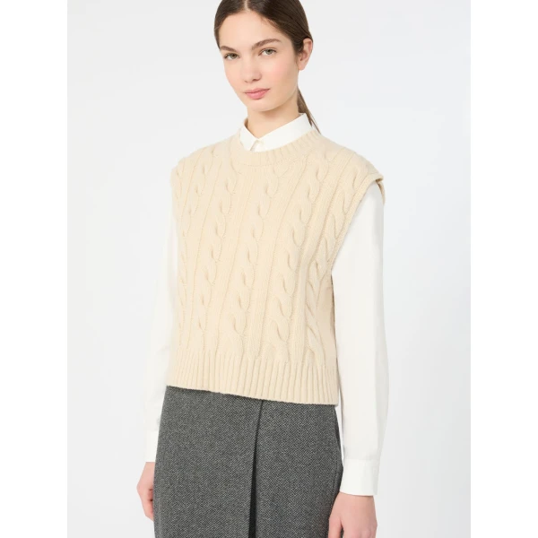 Max Mara Clown Cable Knit Wool Gilet in Ice Grey | Sweaters | Luxury Shoes 