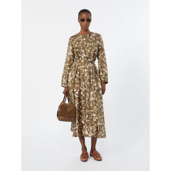Max Mara Coccole Printed Silk Twill Dress in Khaki | Maxi Dresses | Luxury Shoes 