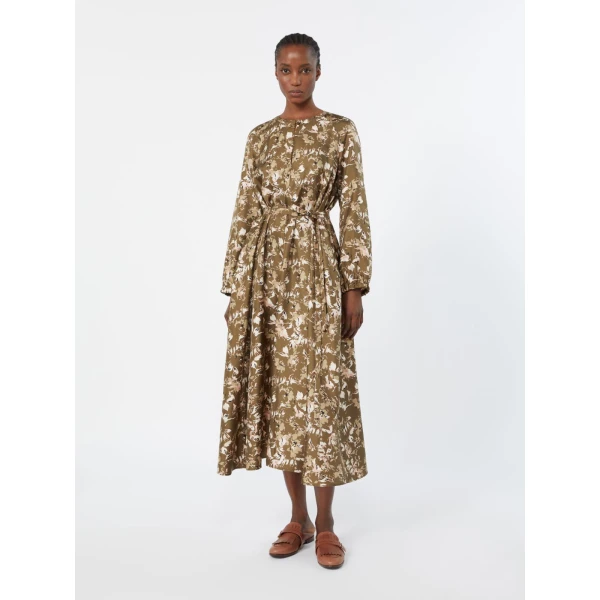 Max Mara Coccole Printed Silk Twill Dress in Khaki | Maxi Dresses | Luxury Shoes 