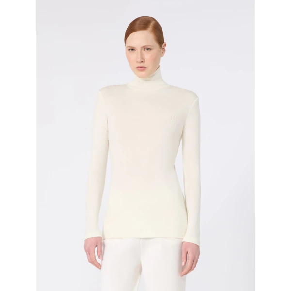 Max Mara Cono Wool Jersey Polo-Neck Sweater in White | Turtlenecks | Luxury Shoes 