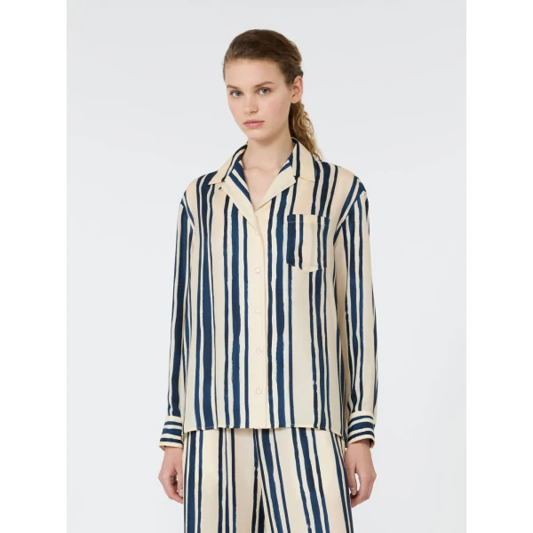 Max Mara Corona Printed Silk Twill Shirt in Navy | Shirts | Luxury Shoes 