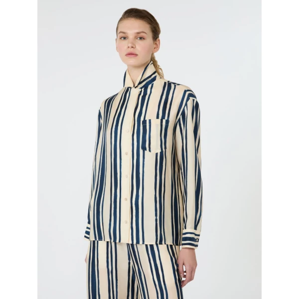 Max Mara Corona Printed Silk Twill Shirt in Navy | Shirts | Luxury Shoes 